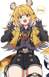 1girl absurdres animal_ear_fluff animal_ears belt black_gloves black_shirt black_shorts blonde_hair blush claw_pose collared_shirt cowboy_shot elbow_gloves english_text fang fingerless_gloves gloves green_eyes highres jacket ju_fufu long_hair looking_at_viewer multicolored_hair open_mouth shirt short_sleeves shorts simple_background skin_fang smile solo speech_bubble taenyaki tail thigh_strap thighhighs tiger_ears tiger_girl tiger_tail white_background white_hair zenless_zone_zero