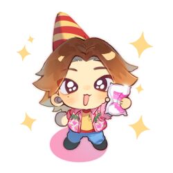 Rule 34 | 1boy, :3, black eyes, black footwear, blue pants, brown hair, chibi, chibi only, daisuke (mouthwashing), happy, hat, hawaiian shirt, highres, holding, looking at viewer, male focus, mole, mole under eye, mouthwashing, open mouth, packet, paki2000, pants, party hat, pink shirt, shirt, solo, sparkle, sparkling eyes, white background, yellow shirt