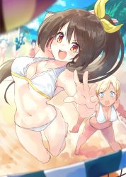 &gt;:d &gt;:o 5girls :d :o aqua_hair arm_up ball beach beach_volleyball bikini blonde_hair blue_eyes blue_hair blurry blush breasts brown_eyes brown_hair cheering cleavage collarbone depth_of_field foreshortening halterneck hand_up highres long_hair looking_at_another medium_breasts moe2017 multiple_girls naka_akira open_mouth original playing_sports ponytail ribbon smile solo_focus standing swimsuit tan teeth thick_eyebrows v-shaped_eyebrows very_long_hair volleyball volleyball_(object) volleyball_net white_bikini yellow_ribbon