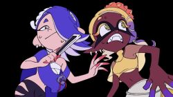 1boy 2girls alternate_color alternate_costume animated audible_music black_background blonde_hair blue_hair capelet dark-skinned_female dark_skin fangs frye_(splatoon) halloween halloween_costume hand_fan inkling luaudrey manta_ray multiple_girls music nintendo octoling official_alternate_costume paper_fan shiver_(splatoon) sound splatoon_(series) splatoon_3 sweat tagme tentacle_hair video