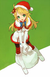 1girl ahoge blonde_hair capelet dress flower full_body fur-trimmed_capelet fur-trimmed_dress fur_trim gloves green_eyes hat holding holding_sack hoshii_miki idolmaster leaning_forward long_hair looking_at_viewer open_mouth poinsettia sack santa_hat solo soto standing two-tone_background white_capelet white_dress white_footwear white_gloves