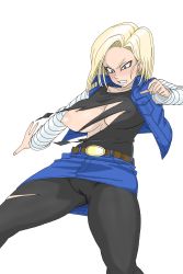 1girl absurdres android_18 bad_id bad_pixiv_id belt belt_buckle black_pantyhose black_shirt blonde_hair blouse blue_eyes breast_slip breasts brown_belt buckle cameltoe clenched_teeth cowboy_shot denim_vest dragon_ball dragonball_z earrings feet_out_of_frame female_focus gluteal_fold highres jewelry medium_breasts miniskirt nipples pantyhose puffy_areolae shirt simple_background skirt small_nipples solo sorashu standing teeth torn_clothes torn_pantyhose torn_shirt white_background