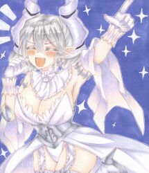 1girl arm_up armpits bare_shoulders blue_background breasts cleavage closed_eyes cowboy_shot demon_girl demon_horns dress drill_hair duel_monster gloves grey_hair happy highres horns ichinose_haruka large_breasts lovely_labrynth_of_the_silver_castle pointy_ears simple_background solo strapless strapless_dress twin_drills white_dress white_gloves yu-gi-oh!