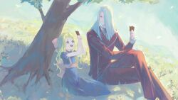 1boy 1girl aged_down blonde_hair blue_dress blue_eyes card crossed_legs cyndia_(yu-gi-oh) dress grey_hair highres holding holding_card jacket long_hair pants pegasus_j_crawford re_(pixiv_89203939) red_jacket red_pants sitting trading_card tree yu-gi-oh! yu-gi-oh!_duel_monsters