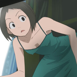 1girl archived_source black_hair breasts character_request collarbone copyright_request dress earrings green_dress haruyama_kazunori jewelry open_mouth short_hair single_earring solo
