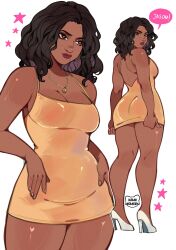 1girl ass black_hair breasts brown_eyes commentary curvy dark-skinned_female dark_skin dress grand_theft_auto grand_theft_auto_vi high_heels highres jewelry kamii_momoru large_breasts lucia_(grand_theft_auto) lucia_caminos necklace short_dress star_(symbol) thick_arms wavy_hair yellow_dress
