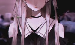 Rule 34 | 1girl, bare shoulders, black choker, black dress, blonde hair, blurry, blurry background, choker, collarbone, commentary request, cross, cross earrings, dress, earrings, eyes out of frame, head out of frame, highres, indoors, jewelry, latin cross, light smile, lipstick, long hair, makeup, mano aaa, off-shoulder dress, off shoulder, original, red lips, solo, upper body