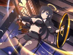 1girl architecture belt belt_buckle belt_pouch black_belt black_hair black_pantyhose black_shirt black_skirt blue_eyes blush breasts buckle cleavage curtains east_asian_architecture emblem energy floral_print frown fusuma gloves gun hair_ribbon halo holding holding_gun holding_shield holding_weapon holster indoors kunai lantern large_breasts light_particles linea_alba long_hair looking_at_viewer midriff navel o-ring o-ring_thigh_strap official_art pantyhose paper_lantern pouch ribbon rifle ryouki_(senran_kagura) senran_kagura senran_kagura_estival_versus senran_kagura_new_link shield shiny_skin shirt skirt sliding_doors solo sparkle standing studded_belt thigh_holster thigh_strap torn_clothes torn_pantyhose torn_shirt torn_skirt torn_sleeves trigger_discipline weapon weapon_request window yaegashi_nan yellow_halo
