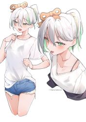 Rule 34 | 1girl, absurdres, airenif, alternate costume, alternate hairstyle, blue shorts, bra visible through clothes, cecilia immergreen, colored inner hair, cropped legs, denim, denim shorts, doll, doll joints, double-parted bangs, green eyes, green hair, grey hair, hair between eyes, hair ornament, highres, hololive, hololive english, joints, looking at viewer, multicolored hair, multiple views, open mouth, ponytail, shirt, shirt partially tucked in, short hair, short shorts, short sleeves, shorts, simple background, streaked hair, t-shirt, virtual youtuber, white background, white shirt, winding key