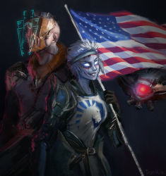 Rule 34 | 1boy, 1girl, 1other, american flag, armor, back-to-back, blood, commentary, dahang (gamer), drone, english commentary, faceless, flag, flagpole, galena (quake), gauntlets, glowing, glowing eye, glowing eyes, grey background, grin, headband, heads-up display, height difference, highres, holographic monitor, huge weapon, mohawk, no pupils, nose, one-eyed, pale skin, peeker (quake), purrmia, quake (series), quake 1, quake champions, rapha (gamer), rocket launcher, scar, smile, tabard, team liquid, user interface, visor, visor (quake), weapon, white hair