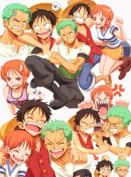 1girl 2boys anger_vein angry arm_around_neck arrow_(symbol) bandana bandana_around_arm bare_arms bare_shoulders black_bandana black_hair blank_eyes boots breasts brown_boots buttons cheek_pull clenched_teeth commentary_request cropped_torso earrings facial_scar friends full_body furrowed_brow gloom_(expression) green_hair grin happy haramaki hat hat_on_back head_bump highres jewelry laughing looking_at_another medium_breasts miniskirt monkey_d._luffy multiple_boys multiple_views nami_(one_piece) oekakiboya official_alternate_costume one_piece open_mouth orange_eyes orange_hair pants pink_shirt red_vest roronoa_zoro sandals scar scar_on_cheek scar_on_face sharp_teeth shirt shoes short_hair short_sleeves shoulder_tattoo skirt sleeveless sleeveless_shirt smile straw_hat straw_hat_pirates striped_clothes striped_shirt sweat sweatdrop tattoo tearing_up teeth two-tone_shirt upper_body v-neck v-shaped_eyebrows vest white_shirt yellow_skirt