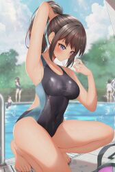4girls black_hair black_one-piece_swimsuit blue_sky blurry blurry_background blush breasts brown_hair cloud commentary_request competition_school_swimsuit competition_swimsuit day hair_ornament hairband highres holding long_hair medium_breasts minato_ojitan multiple_girls one-piece_swimsuit original outdoors ponytail pool school_swimsuit short_hair sky stopwatch swimsuit tan tree variant_set watch white_hairband