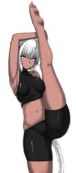 1girl animal_ears armpits bare_shoulders barefoot bike_shorts blind breasts cat_ears cat_tail cowboy_shot dark-skinned_female dark_skin facial_mark final_fantasy final_fantasy_xiv grey_eyes halterneck highres kaname_nagi kneepits leg_lift leg_up looking_at_viewer medium_breasts miqo&#039;te navel short_hair solo split standing standing_on_one_leg standing_split tail whisker_markings white_background white_hair y&#039;shtola_rhul
