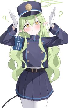 Rule 34 | ?, absurdres, armband, arms up, black skirt, blue archive, blush, demon tail, gloves, green hair, green halo, halo, hat, highres, hikari (blue archive), jacket, long hair, pantyhose, pointy ears, simple background, skirt, tail, tsubaki 0317, white background, white gloves, white pantyhose, yellow eyes