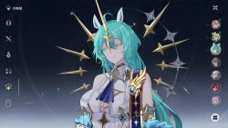 1girl absurdres animal_ears ascot bare_shoulders blue_ascot blue_sash breasts changli_(wuthering_waves) chinese_commentary cleavage_cutout closed_mouth clothing_cutout colored_eyelashes commentary_request encore_(wuthering_waves) gameplay_mechanics green_hair highres horns horse_ears horse_girl imperator_(wuthering_waves) jinhsi_(wuthering_waves) large_breasts long_hair looking_at_viewer one_eye_closed personification revision sash single_horn smile solo upper_body verina_(wuthering_waves) very_long_hair will2012tw wuthering_waves xiangli_yao_(wuthering_waves) yellow_eyes yellow_horns yinlin_(wuthering_waves)