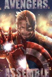 2boys animification arc_reactor armor artist_name avengers:_endgame avengers_(series) blue_bodysuit blue_eyes bodysuit brown_eyes brown_hair captain_america commentary_request english_text facial_hair full_armor helmet holding holding_shield iron_man looking_at_viewer male_focus marvel marvel_cinematic_universe multiple_boys open_mouth power_armor red_armor shield short_hair star_(symbol) steve_rogers superhero_costume teeth tokina_(okawari_gohan) tony_stark upper_body v-shaped_eyebrows