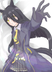 1girl absurdres ahoge animal_ears arm_up black_choker black_coat black_gloves black_hair black_shirt black_skirt choker closed_mouth coat collared_shirt ear_tag earrings eyes_visible_through_hair fly_dose gloves hair_between_eyes highres horse_ears horse_girl horse_tail jewelry long_hair long_hair_between_eyes manhattan_cafe_(umamusume) multicolored_hair necktie open_clothes open_coat pleated_skirt shirt single_earring skirt solo tail umamusume very_long_hair white_hair yellow_necktie