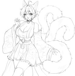 1girl :3 ahoge animal_ears bare_shoulders bell breasts cat_ears cat_girl cat_tail choker cleavage closed_mouth commentary cowboy_shot curvy detached_sleeves double-parted_bangs english_commentary eyelashes fingernails floral_print floral_print_kimono greyscale hair_between_eyes hair_intakes hatching_(texture) highres japanese_clothes kimono kimono_skirt large_breasts lips long_sleeves looking_at_viewer monochrome neck_bell original petticoat pleated_skirt print_kimono sasucchi95 sharp_fingernails short_hair simple_background sketch skirt sleeveless sleeveless_kimono solo standing tail thighhighs tri_tails tsurime white_background wide_sleeves youko_(sasucchi95) zettai_ryouiki