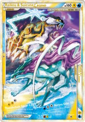 animal_focus artist_name card_(medium) character_name claws closed_mouth cloud company_name copyright_name copyright_notice electricity english_text fangs gen_2_pokemon glowing_tail highres higuchi_shinji legendary_pokemon nintendo no_humans official_art open_mouth pokemon pokemon_card pokemon_tcg raikou red_eyes suicune takaya_noriko_(artist) third-party_source trading_card water