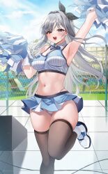 1girl absurdres arm_up armpits bare_arms bare_shoulders black_eyes blue_shirt blue_skirt bow bowtie breasts brown_thighhighs cheerleader commentary commission crop_top day detached_collar grey_hair hair_ribbon hand_up highleg highleg_panties highres holding holding_pom_poms large_breasts leg_up long_hair looking_at_viewer midriff miniskirt navel oc_(jmgsjh) open_mouth original outdoors panties pleated_skirt pom_pom_(cheerleading) pom_poms ribbon shant_07 shirt shoes skindentation skirt sleeveless sleeveless_shirt smile solo standing standing_on_one_leg stomach straight_hair string_panties thighhighs thighs two-tone_shirt underwear white_panties