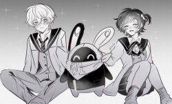 Rule 34 | 1boy, 1girl, 1other, ^ ^, artist name, bandana, bandana around neck, bangboo (zenless zone zero), belle (zenless zone zero), blush, brother and sister, closed eyes, closed mouth, commentary, crossed bangs, eous (zenless zone zero), felichiii, grey hair, greyscale, hair between eyes, hashtag-only commentary, highres, looking at viewer, monochrome, open mouth, siblings, smile, symbol-only commentary, wise (zenless zone zero), zenless zone zero