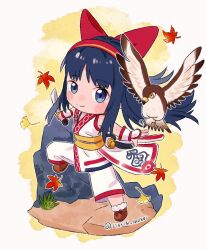 Rule 34 | 1girl, ainu clothes, artist name, autumn leaves, blue eyes, blue hair, breasts, chibi, fingerless gloves, gloves, highres, leaf, leg lift, leg up, legs, looking at viewer, mamahaha, nakoruru, pants, samurai spirits, small breasts, smile, snk, the king of fighters, the king of fighters xv, thighs, weapon