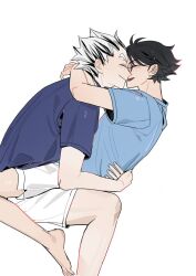Rule 34 | 2boys, akaashi keiji, arms around neck, arms around waist, barefoot, bespectacled, black-framed eyewear, black hair, blue shirt, bokuto koutarou, closed eyes, commentary, crew neck, eco6716, glasses, grey hair, haikyuu!!, hair slicked back, hashtag-only commentary, kiss, male focus, multicolored hair, multiple boys, open mouth, shirt, short sleeves, shorts, simple background, sitting, sitting on lap, sitting on person, t-shirt, white background, white shorts, yaoi