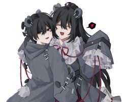 2boys :d animal_ears arms_up bags_under_eyes bear_ears bear_tail black_hair claws closed_eyes double-parted_bangs e.g.o_(project_moon) grey_hoodie hair_between_eyes hand_on_own_arm heart hex_nail_(e.g.o) high_ponytail highres hong_lu_(project_moon) hood hood_down hoodie limbus_company long_hair looking_at_viewer multiple_boys nail_(hardware) neck_ribbon open_mouth ponytail project_moon puppet_strings ribbon smile spoken_heart stitches tail tape upper_body very_long_hair wuzinan19 yi_sang_(project_moon)