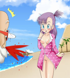 Rule 34 | 1boy, 1girl, blood, blush, breasts, bulma, cleft of venus, dragon ball, dragon ball: the path to power, goldmondsel, muten roushi, netorare, nipples, no panties, open mouth, outdoors, pussy, tongue, uncensored