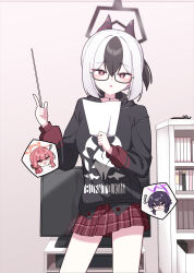 3girls ? ^^^ absurdres aru_(blue_archive) bespectacled black_hair black_hoodie black_horns blue_archive commentary contrapposto demon_horns glasses grey_hair hair_between_eyes halo haruka_(blue_archive) highres holding holding_paper hood hoodie horns kayoko_(blue_archive) long_sleeves looking_at_viewer meteor_(ks111278) miniskirt multicolored_hair multiple_girls paper parted_lips plaid_clothes plaid_skirt pleated_skirt red_eyes red_skirt reflection sidelocks skirt solo_focus spoken_character standing table television two-tone_hair