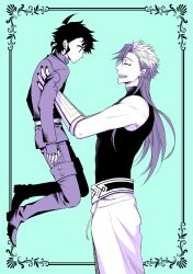 Rule 34 | 2boys, absurdres, baggy pants, black boots, black hair, blue background, boots, closed eyes, closed mouth, commentary request, fingerless gloves, formal clothes, gloves, gokuraku (madan no ichi), greyscale with colored background, highres, ichi (madan no ichi), long hair, madan no ichi, messy hair, multicolored hair, multiple boys, nail polish, nanashino2600, open mouth, pants, picking up, short hair, smile, suit, tall male