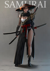 1girl absurdres blue_eyes breasts brown_hair cape cleavage grey_background hat highres katana large_breasts mask multiple_swords oni_mask original red_sash samurai sash straw_hat sword weapon wooywooy