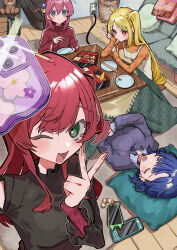 4girls ahoge black_jacket black_shirt blonde_hair blue_eyes blue_hair bocchi_the_rock! cellphone chewing closed_eyes closed_mouth clothing_cutout cube_hair_ornament dress fang fingernails gotoh_hitori green_eyes hair_between_eyes hair_ornament head_on_pillow highres holding holding_phone ijichi_nijika jacket kita_ikuyo kotatsu long_hair long_sleeves looking_at_viewer lying mole mole_under_eye multiple_girls on_back one_eye_closed one_side_up open_mouth orange_shirt phone pillow pink_hair red_eyes red_hair saliva scripco selfie shirt shoulder_cutout side_ponytail sidelocks skin_fang sleeping smartphone table v watermark white_dress yamada_ryo