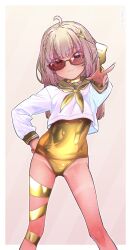 1girl :3 alternate_color bow covered_navel fallenshadow glasses gold gold_one-piece_swimsuit highres indie_virtual_youtuber navel one-piece_swimsuit pettan_(zeez4743) purple_eyes ribbon school_uniform serafuku solo sunglasses swimsuit virtual_youtuber white_serafuku yellow_bow