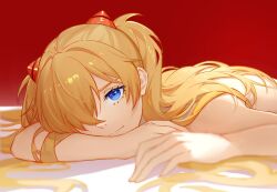 Rule 34 | blue eyes, doris (1349745448), highres, lying, neon genesis evangelion, nude, on stomach, one eye closed, orange hair, souryuu asuka langley, tagme