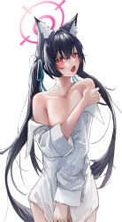 Rule 34 | 1girl, :o, absurdres, animal ears, bare shoulders, black hair, blue archive, blue ribbon, blush, cat ears, cat girl, collarbone, collared shirt, commentary, covering breasts, covering crotch, covering privates, cowboy shot, crossed bangs, dress shirt, embarrassed, extra ears, eyelashes, fang, floating hair, frown, fujiwara haru (nekonote), hair between eyes, hair intakes, hair ribbon, halo, highres, long hair, long sleeves, looking at viewer, naked shirt, open mouth, oversized clothes, oversized shirt, pink halo, pink pupils, red eyes, ribbon, serika (blue archive), shirt, sidelocks, simple background, skin fang, slit pupils, solo, tsurime, twintails, very long hair, white background, white shirt, wide sleeves