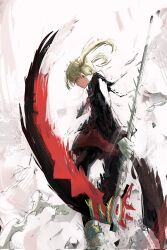 1girl black_gloves blonde_hair boots colorized commentary floating_hair gloves highres holding holding_scythe looking_ahead maka_albarn necktie ohkubo_atsushi scythe smoke soul_eater twintails vicfaust white_gloves