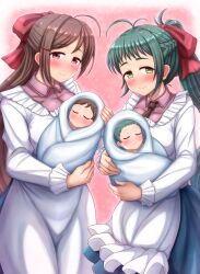 2girls ahoge antenna_hair apron asutorii baby brown_hair carrying_baby carrying_person closed_mouth green_eyes green_hair hair_ornament hair_ribbon hairclip highres irako_(kancolle) kantai_collection kappougi long_hair long_sleeves looking_at_viewer mamiya_(kancolle) mother_and_child multiple_girls ponytail purple_eyes red_ribbon ribbon smile textless_version