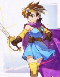 Rule 34 | 1girl, absurdres, belt, betabetamaru, blue dress, border, brown eyes, brown gloves, brown hair, cape, closed mouth, commentary request, dragon quest, dragon quest iii, dress, glint, gloves, heroine (dq3), highres, holding, holding sword, holding weapon, medium hair, outside border, purple cape, short dress, solo, spiked hair, standing, sword, thighhighs, torn clothes, torn thighhighs, v-shaped eyebrows, weapon, white border, yellow thighhighs
