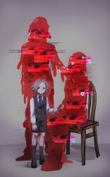 1boy 2others @_@ absurdres aged_down ambiguous_red_liquid aotsuki_eito black_shoes black_shorts black_socks black_vest blue_eyes blue_necktie child collared_shirt cushion distortion dress_shirt dress_shoes extra_eyes eyes_on_body frown glasses glitch grey_hair hallucination highres holding_hands kawati long_sleeves melting multiple_others necktie no_eyes on_chair purple_eyes round_eyewear shirt shoes short_hair shorts silhouette sitting socks spoilers symbolism the_hundred_line_-last_defense_academy- vest white_shirt wooden_chair