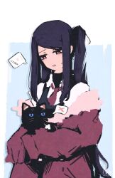 1girl absurdres animal bartender cat commentary english_commentary fore_(va-11_hall-a) fur-trimmed_jacket fur_trim highres holding holding_animal holding_cat jacket jill_stingray long_hair long_sidelocks long_sleeves necktie off_shoulder purple_hair purple_vest red_eyes red_jacket red_necktie rnna sidelocks simple_background sleeves_past_fingers sleeves_past_wrists speech_bubble twintails upper_body va-11_hall-a vest