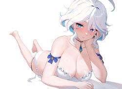 1girl ahoge alternate_costume arm_ribbon bare_legs bare_shoulders barefoot bikini black_choker blue_eyes blue_gemstone blue_ribbon breasts brooch choker cleavage closed_mouth collarbone expressionless frilled_bikini frills furina_(genshin_impact) gem genshin_impact hair_between_eyes hand_up heterochromia highres jewelry large_breasts legs_up lessone looking_at_viewer lying multicolored_hair on_stomach purple_eyes ribbon short_hair side-tie_bikini_bottom simple_background solo strapless strapless_bikini streaked_hair string_bikini swimsuit thigh_strap two-tone_hair white_background white_bikini white_hair
