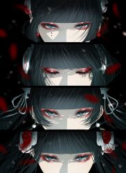 4girls black_hair blunt_bangs closed_eyes commentary earrings eyelashes eyeshadow facial_tattoo falling_petals hair_ornament highres jewelry long_eyelashes long_hair looking_at_viewer maid maid_headdress makeup mole mole_under_eye multiple_girls multiple_moles original persona_eyes petals red_eyeshadow satsuki_kei sidelocks symbol-only_commentary tattoo