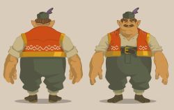 1boy beige_background brown_hair closed_eyes closed_mouth fat fat_man full_body green_headwear hat hat_feather high-waist_pants highres link:_the_faces_of_evil male_focus marcus_rek moccas morshu nintendo orange_vest pants parody pointy_ears shirt shirt_tucked_in simple_background smile standing style_parody the_legend_of_zelda the_legend_of_zelda:_breath_of_the_wild the_legend_of_zelda_(cd-i) vest white_shirt
