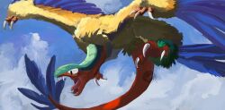 archeops blue_feathers claws cloud cloudy_sky fangs feathers flying gen_5_pokemon highres looking_down nintendo no_humans open_mouth pokemon pokemon_(creature) pokemon_focus sky tail talons tongue tongue_out tukimi_088 watermark wings