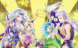 aged_up armor barbariccia blonde_hair blue_eyes breasts cagnazzo cain_highwind cape cecil_harvey cleavage dated detached_sleeves earrings edward_geraldine final_fantasy final_fantasy_iv golbez green_eyes green_hair hair_ornament jewelry long_hair looking_at_viewer medium_breasts multiple_boys multiple_girls nekomrao open_mouth rosa_farrell rubicante rydia_(ff4) scarmiglione smile