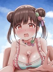 1boy 1girl blush breasts brown_hair censored cleavage cloud cum cum_on_body cum_on_breasts cum_on_upper_body double_bun food food-themed_hair_ornament full-face_blush hair_bun hair_ornament hetero highres idolmaster idolmaster_shiny_colors jewelry large_breasts long_hair macaron macaron_hair_ornament mosaic_censoring necklace outdoors outstretched_arm paizuri paizuri_under_clothes penis red_eyes ribbon sky sonoda_chiyoko surprised swimsuit warubo yellow_ribbon