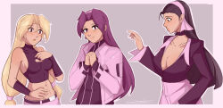 Rule 34 | 3girls, asamiya athena, black hair, charlyarts, cosplay, idol, kagura chizuru, kusanagi kyou (cosplay), multiple girls, nikaidou benimaru (cosplay), priestess, purple hair, shijou hinako, snk, the king of fighters, yagami iori (cosplay)