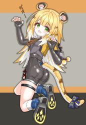 1girl animal_ear_fluff animal_ears ass black_shorts blonde_hair blue_bow bow breasts collared_shirt cropped_jacket elbow_gloves fang fingerless_gloves full_body gao gloves green_eyes grey_shirt highres jacket ju_fufu langley1000 loli long_hair looking_at_viewer multicolored_hair open_clothes open_jacket open_mouth shirt shoe_soles short_shorts short_sleeves shorts skin_fang small_breasts socks solo tail tail_bow tail_ornament tiger_ears tiger_girl tiger_tail two-tone_hair white_hair white_socks yellow_jacket zenless_zone_zero