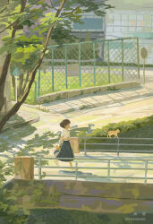 1girl bag blue_skirt bridge brown_hair cat collared_shirt commentary_request fence original plastic_bag pleated_skirt railing road_sign school_uniform shirt short_hair sign skirt slice_of_life solo tree urban walking white_footwear white_shirt yeyuan33